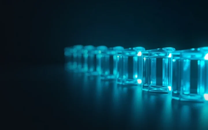 En mørk navyblå baggrund med glødende cyan glasblokke forbundet af lys.