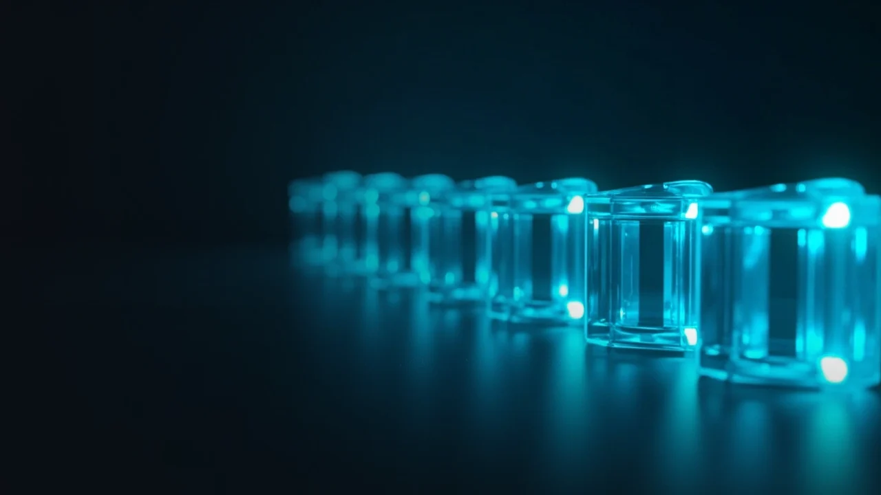 Ein dunkelblauer Hintergrund mit leuchtenden cyanfarbenen Glasblöcken, die durch Licht verbunden sind.