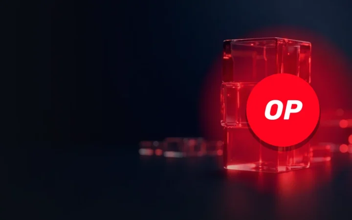 Optimism-logoet over en mørk navybaggrund med glasblokke forbundet af glødende rødt lys til højre, der repræsenterer Optimisms Superchain.