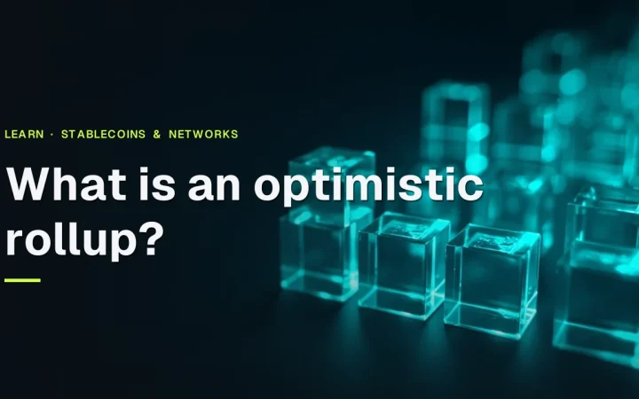 The title What is an optimistic rollup over a dark navy background with glowing teal glass blocks joined by light in the right half