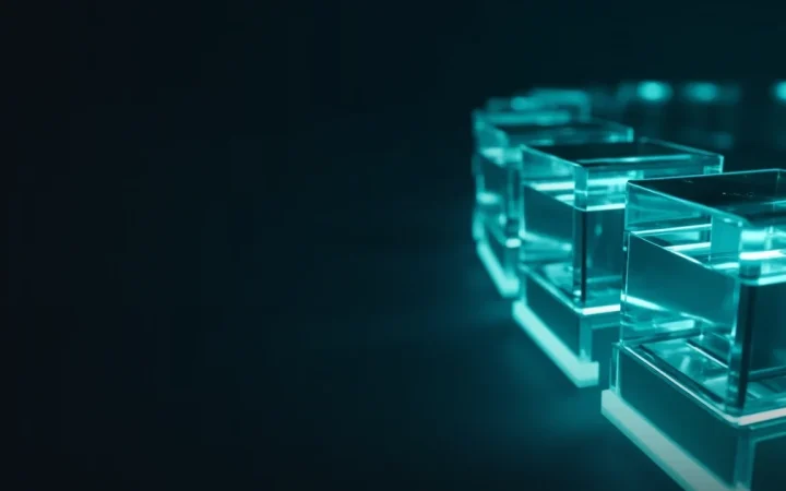 En mörk marinblå bakgrund med glödande turkosa glasblock sammanfogade av ljus i den högra halvan.