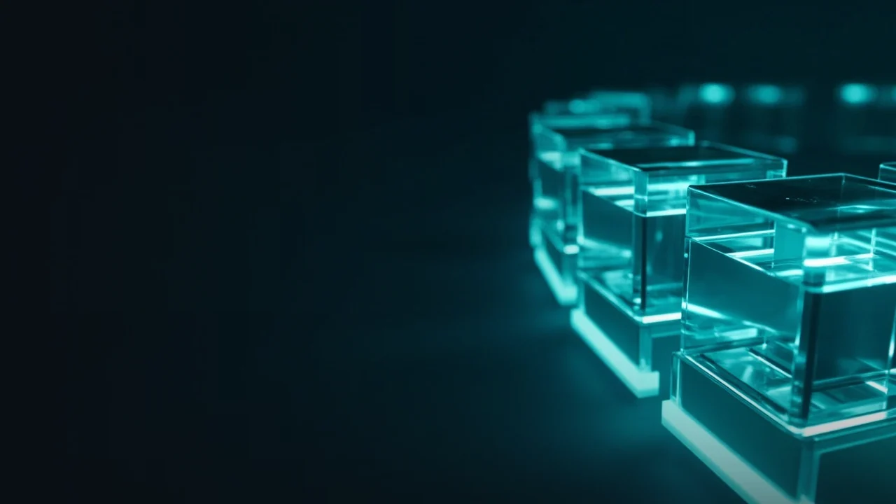 A dark navy background with glowing teal glass blocks joined by light in the right half.