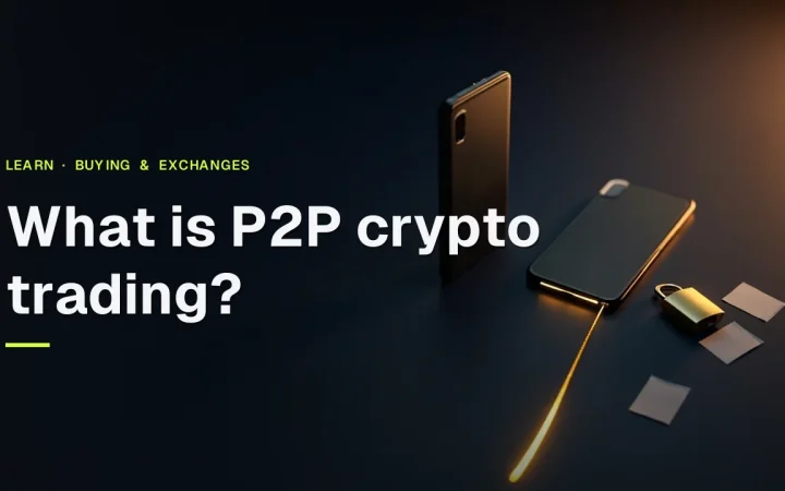 Titlen What is P2P crypto trading over et mørkt bord med to blanke telefoner forbundet af en glødende gylden linje
