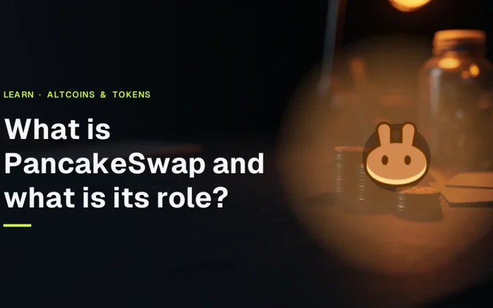 The title What is PancakeSwap and what is its role with the PancakeSwap logo over a dark desk holding blank coins, a glass jar and a card.