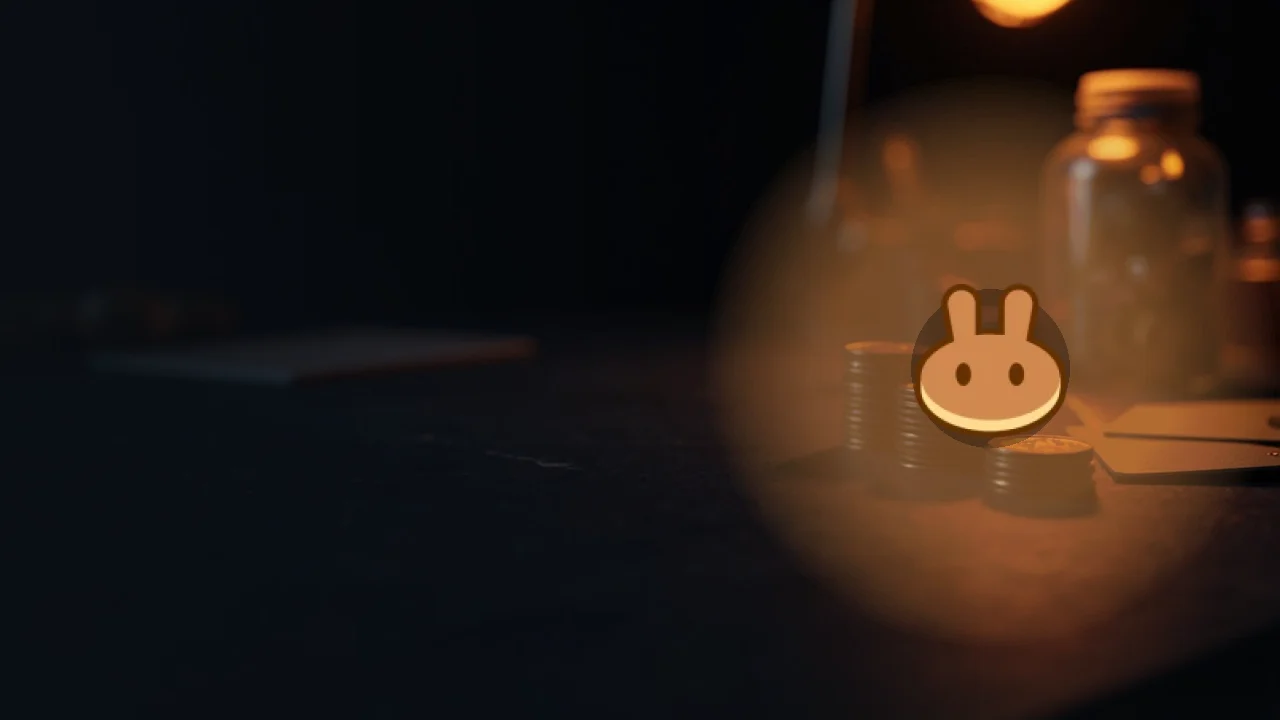 Das PancakeSwap-Logo auf einem dunklen Schreibtisch mit leeren Münzen, einem Glasgefäß und einer Karte.