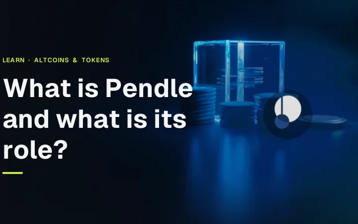 The title What is Pendle and what is its role with the Pendle logo over a dark navy background showing a split glass vault and blank tokens.