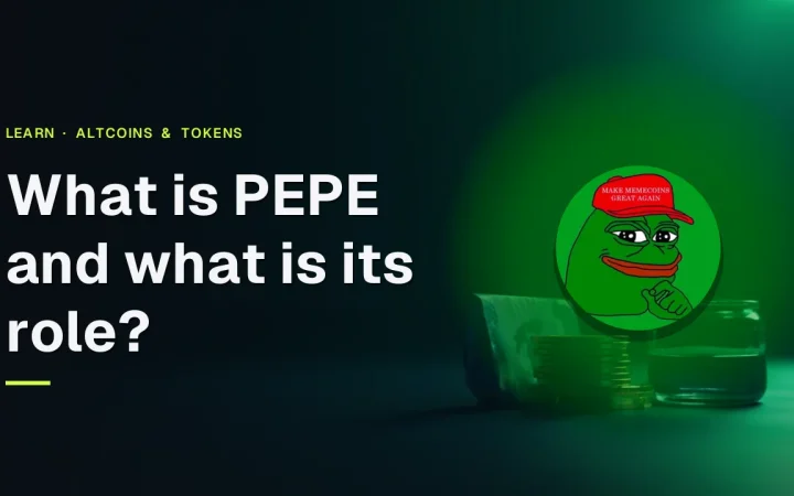 De titel Wat is PEPE en wat is de rol ervan? met het Pepe-logo op een donker marineblauwe achtergrond van blanco munten, papier en glas in groen licht.
