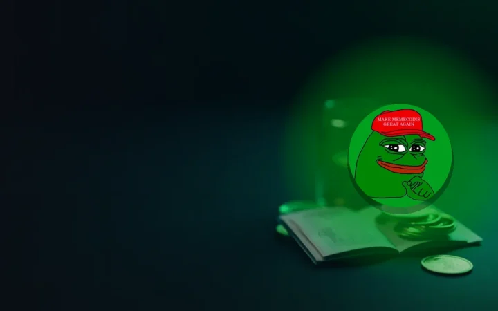 Pepe-logoet over en mørk navyblå baggrund af tomme mønter, papir og glas i grønt lys.