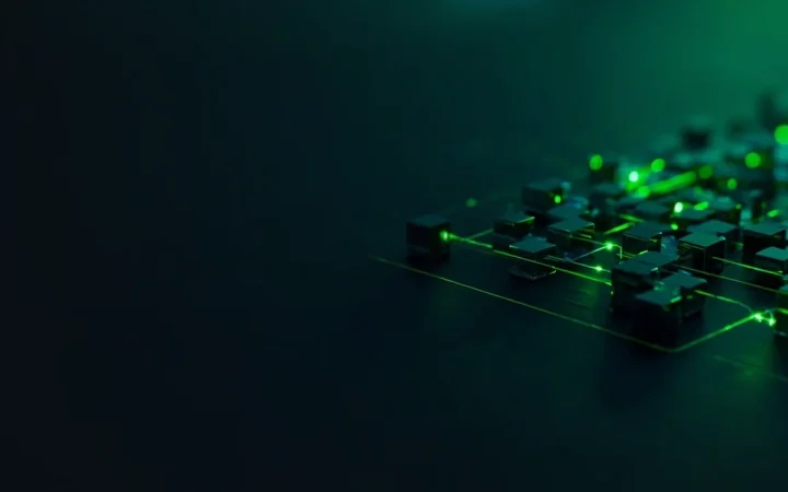 Donkergekoppelde glazen blokken die lichtgroen oplichten op een marineblauwe achtergrond.