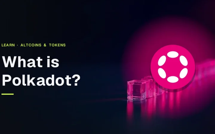The title What is Polkadot above a dark navy background with glowing glass blocks joined by magenta light on the right