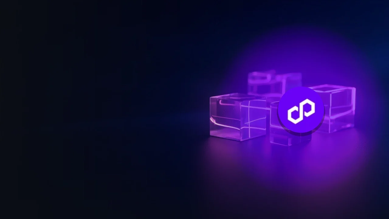 The Polygon logo over a dark navy background with translucent blocks joined by violet light.