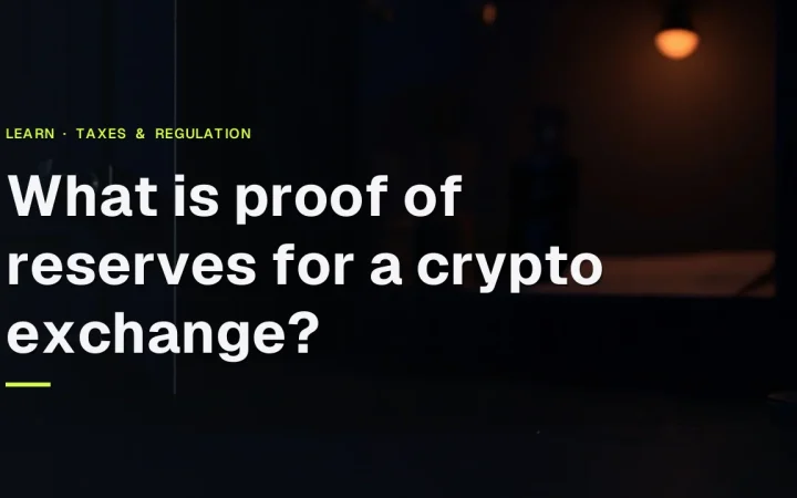 暗い金庫室の上に「仮想通貨取引所の準備金証明とは？」というタイトル、右側にコインと台帳がある。