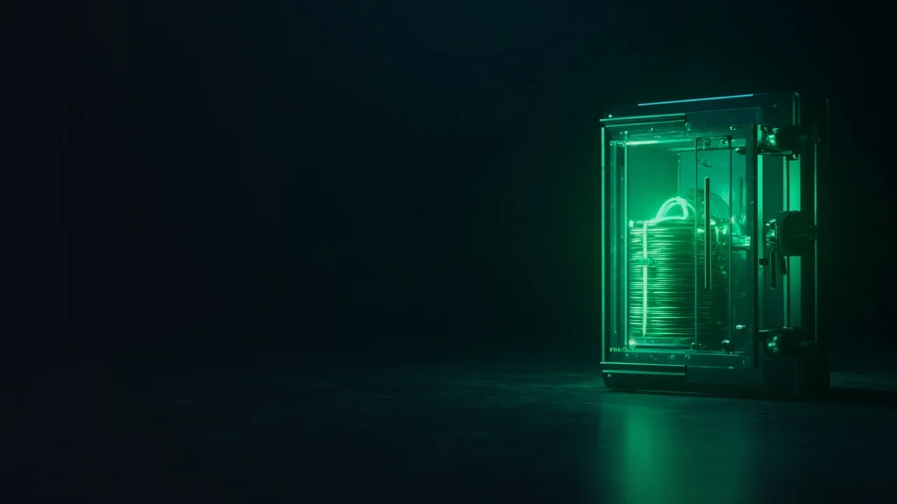 Ein dunkelblauer Hintergrund mit einem leuchtenden Glas-Tresor und Stapeln leerer Metallscheiben rechts, die linke Seite bleibt frei.