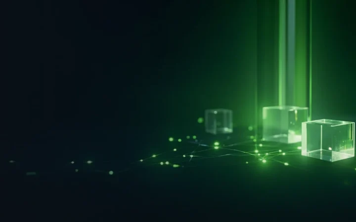 Un fond bleu marine foncé avec des blocs de verre vert lime lumineux et des lignes claires sur la droite.