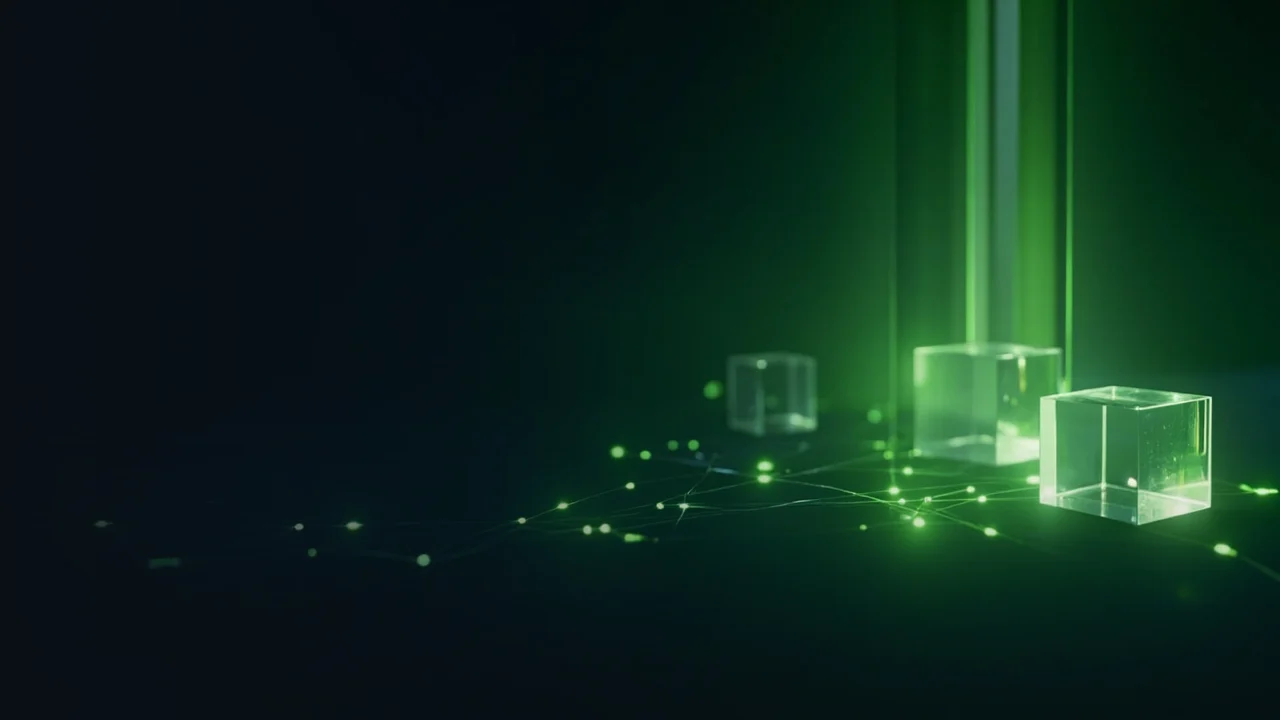 Un fond bleu marine foncé avec des blocs de verre vert lime lumineux et des lignes claires sur la droite.