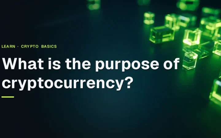 The title What is the purpose of cryptocurrency? over a dark navy background with glowing lime green glass blocks and light lines on the right.