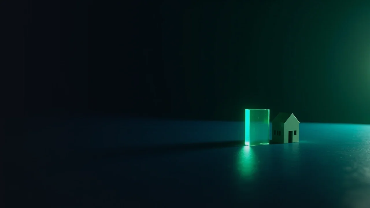 En mørk navyblå baggrund med en glødende glasblok og en husmodel til højre.