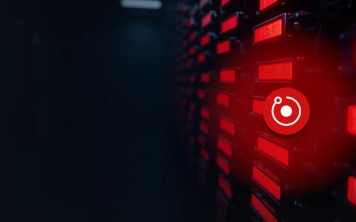 어두운 서버실에서 붉게 빛나는 GPU 기계들 위로 Render 로고가 떠 있는 모습.