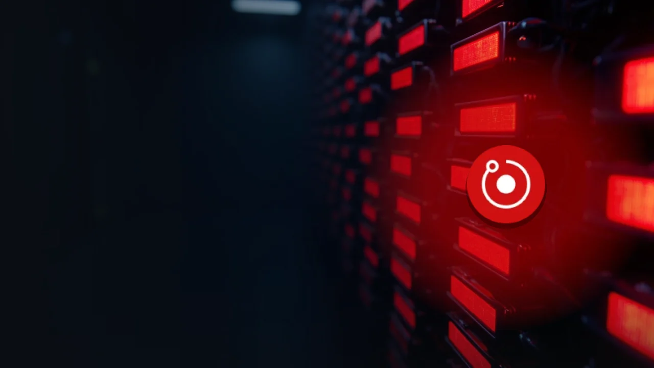 Render-logoet over et mørkt serverrum med glødende røde GPU-maskiner.