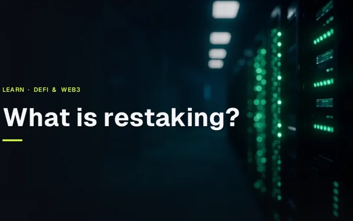 The title What is restaking? over a dark background of glowing green server racks and light nodes.