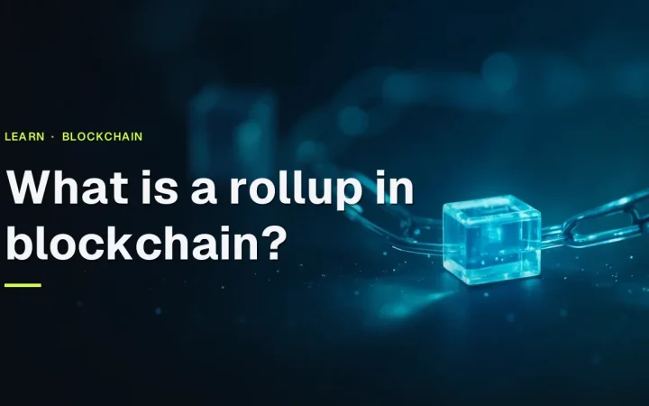 What is a rollup in blockchain title over a glowing cyan chain of glass blocks on a dark navy background