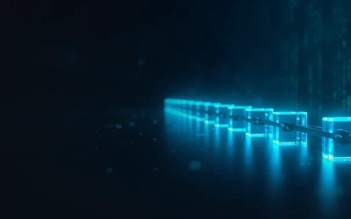 濃紺の背景に、光るシアンのガラスのブロックのチェーン。