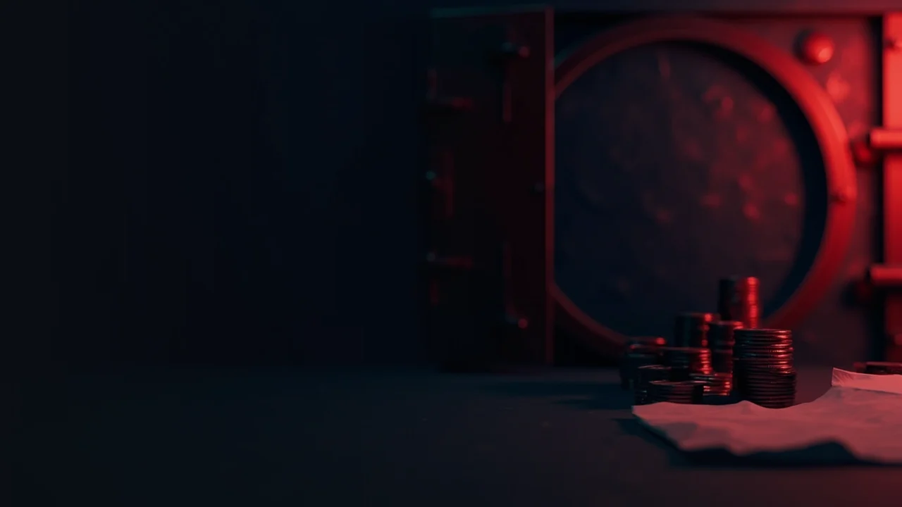 A dark navy room with a steel vault, blank coins and a torn blank paper sheet.