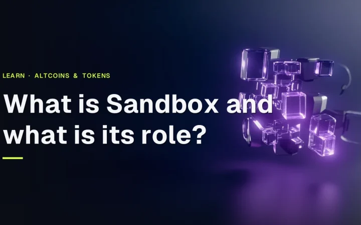 The title What is Sandbox and what is its role? over a dark navy background with glowing violet glass cubes and polygonal shapes.