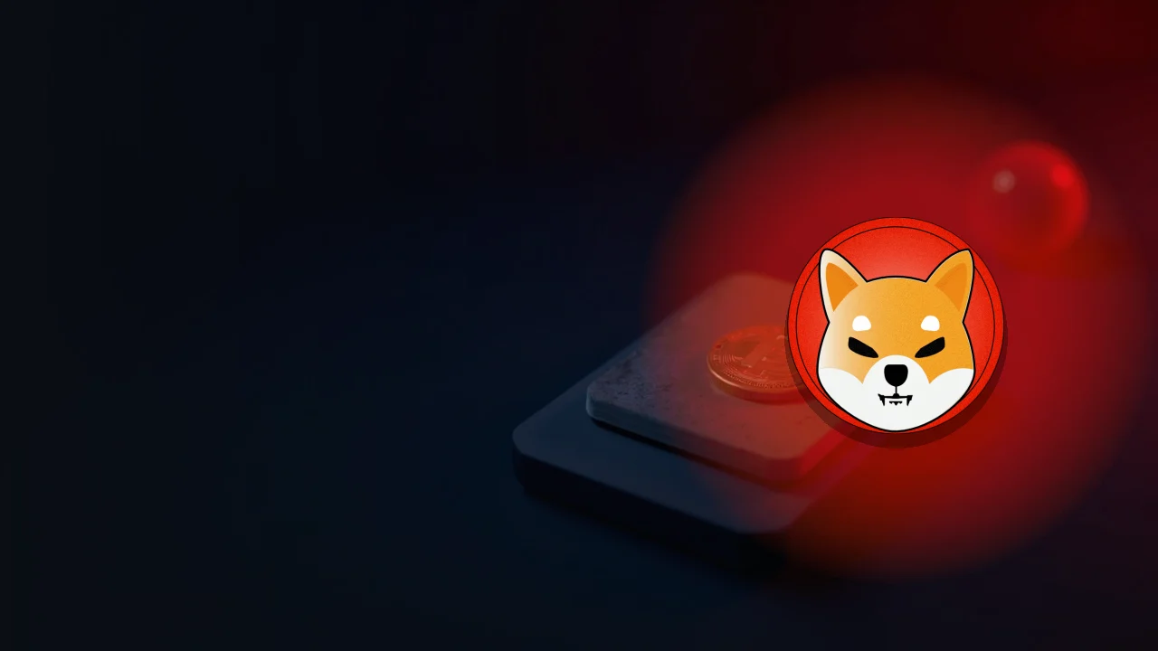 Das Shiba-Inu-Logo über einer dunkelblauen Schreibtischszene mit einer leeren Kupfermünze und einer Stahlplatte.