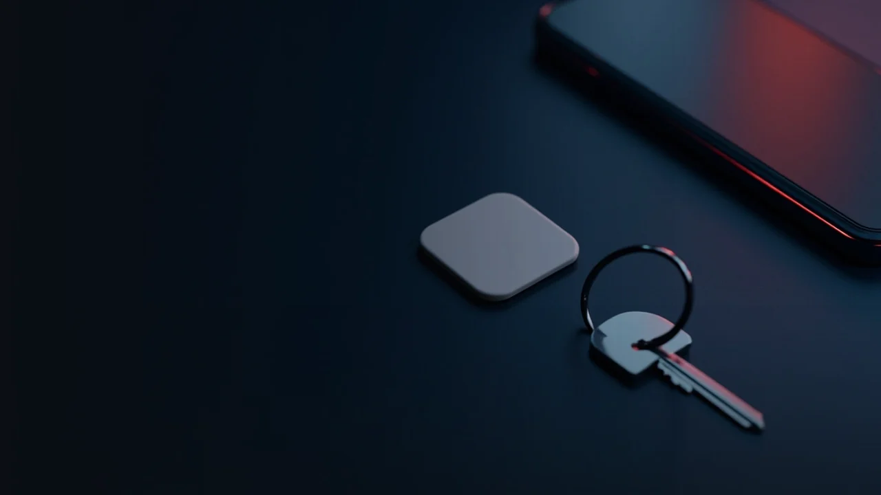 A blank phone chip card, a dark phone with a blank screen and a metal key on a navy desk, lit by a red glow.