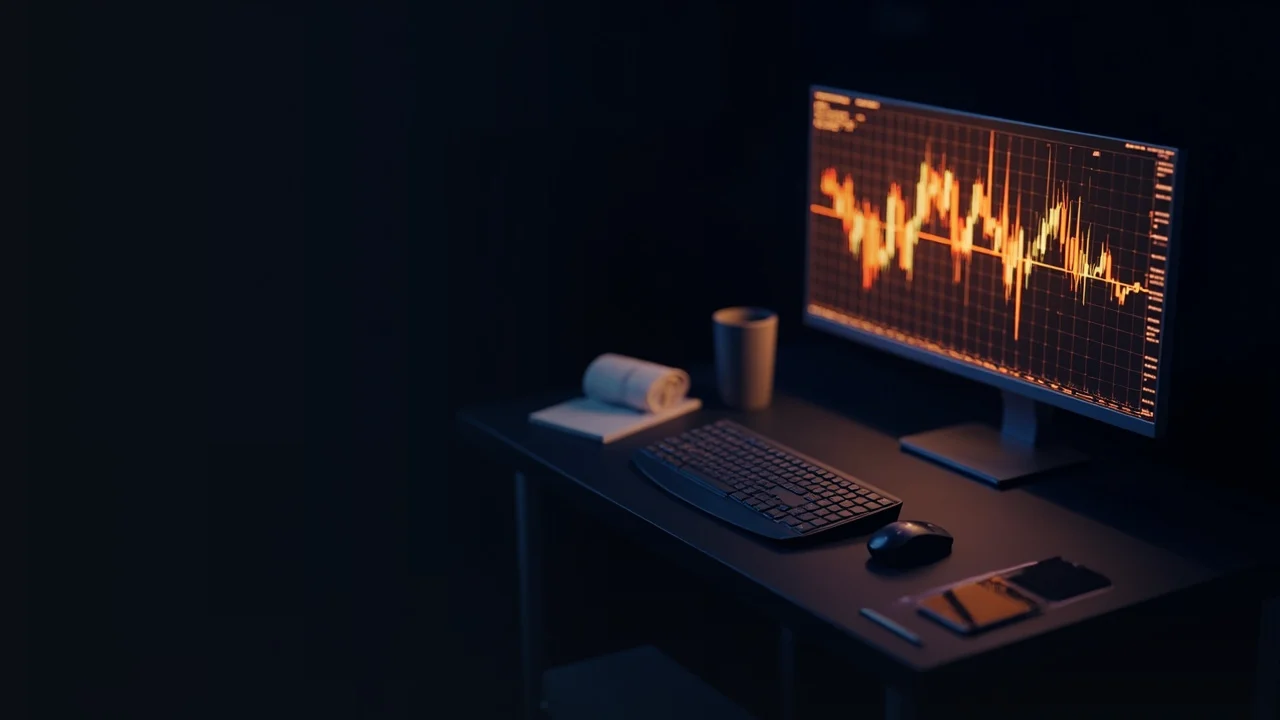 Ein dunkler Trading-Desk mit einem Monitor, der abstrakte orange Kursbalken zeigt.