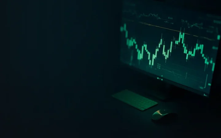 A dark desk with a glowing monitor showing abstract green bars.