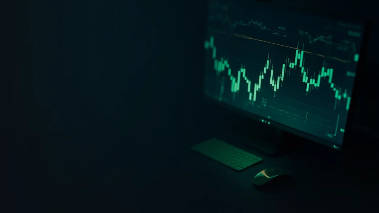 Un escritorio oscuro con un monitor encendido que muestra barras verdes abstractas.