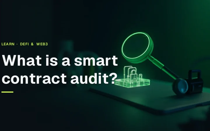 The title What is a smart contract audit over a dark navy background with a glowing magnifying glass, glass code block, shield and padlock.