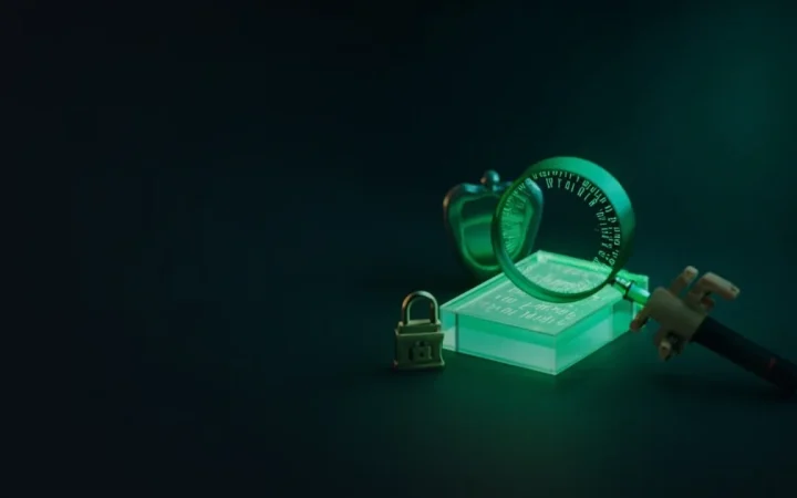 Un fond bleu marine foncé avec une loupe lumineuse, un bloc de code en verre, un bouclier et un cadenas.
