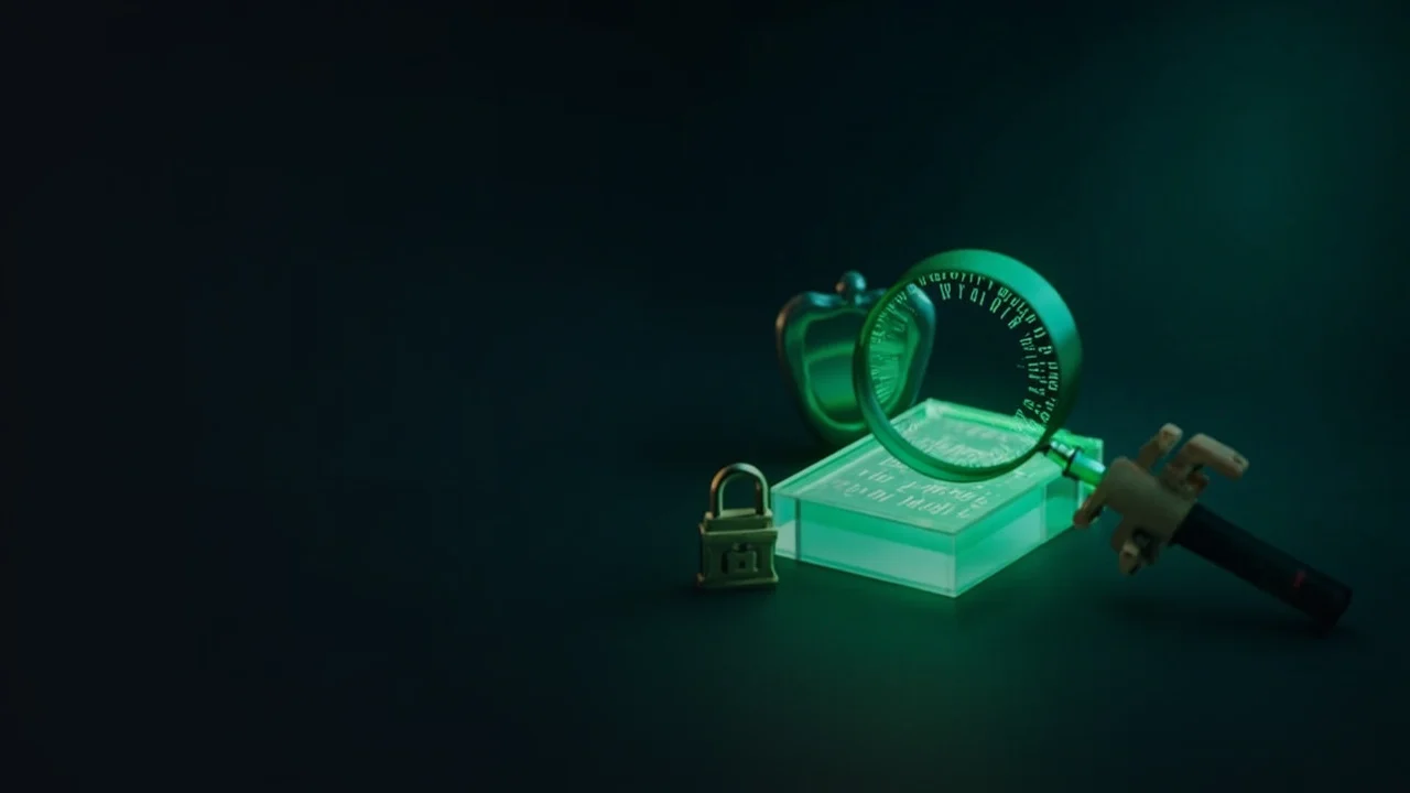 Un fond bleu marine foncé avec une loupe lumineuse, un bloc de code en verre, un bouclier et un cadenas.