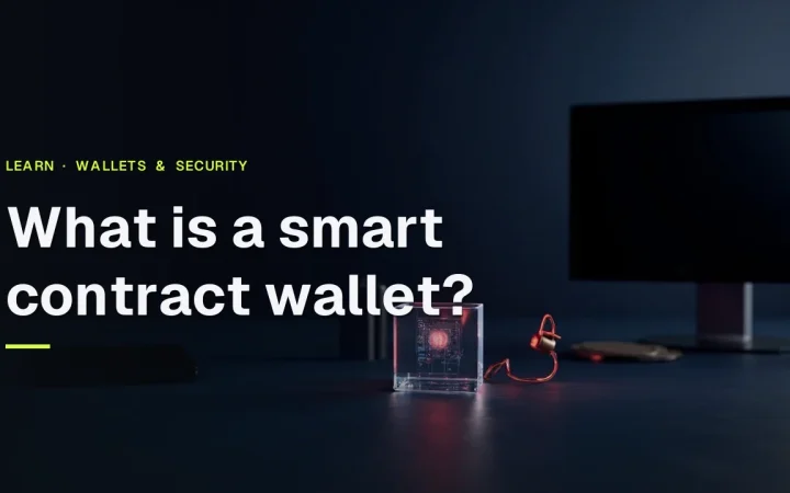 Titlen What is a smart contract wallet over en mørk marineblå baggrund med et glødende rødt kredsløbskort i en glasterning og en hængelås.