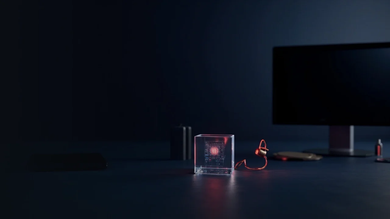 A dark navy background with a glowing red circuit board in a glass cube and a padlock.