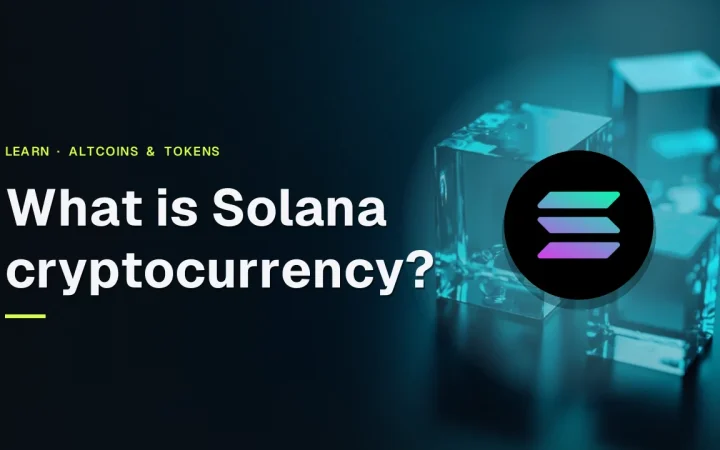 Solana guide cover with the Solana logo and title over glass blocks joined by glowing cyan light on dark navy.