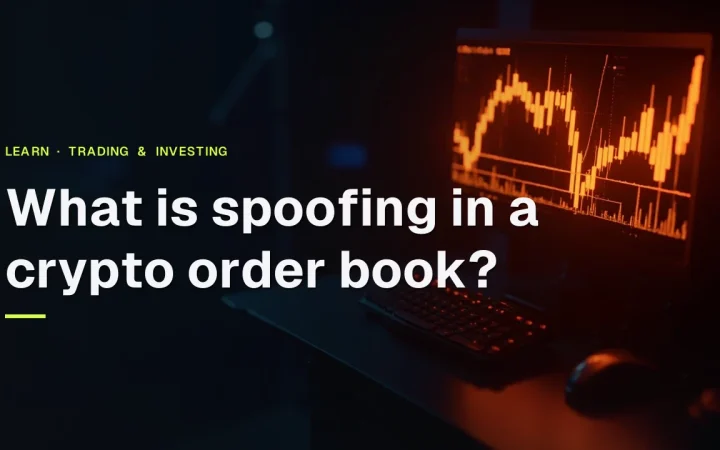 Titlen What is spoofing in a crypto order book over et mørkt skrivebord med en glødende orange ordrebogsskærm
