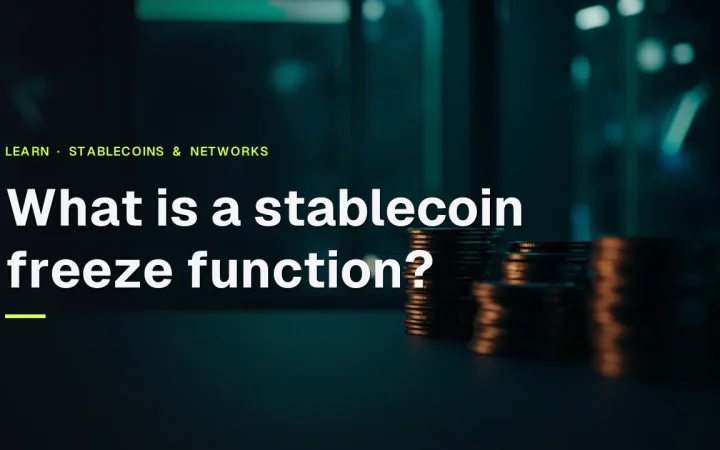 The title What is a stablecoin freeze function over a dark navy vault scene with blank metal coin blanks glowing teal