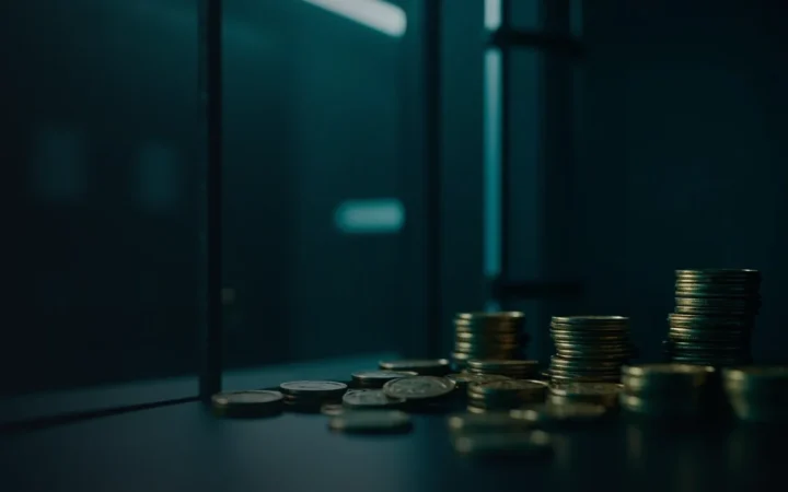 A dark navy vault scene with blank metal coin blanks glowing teal.