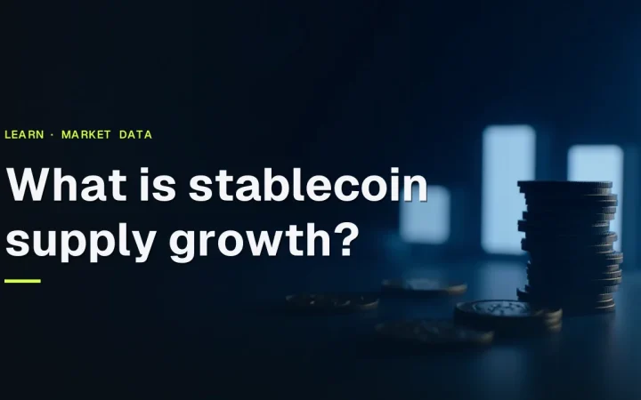 What is stablecoin supply growth? title over a dark navy background with a stack of blank coins glowing blue on the right.