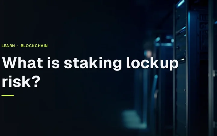 Staking lockup risk title over dark server racks with glowing cyan cables on a navy background.