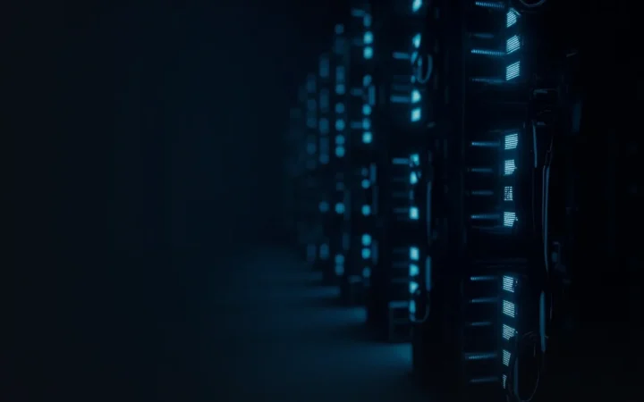 Mørke serverracks med lysende cyan-kabler på en marineblå baggrund.