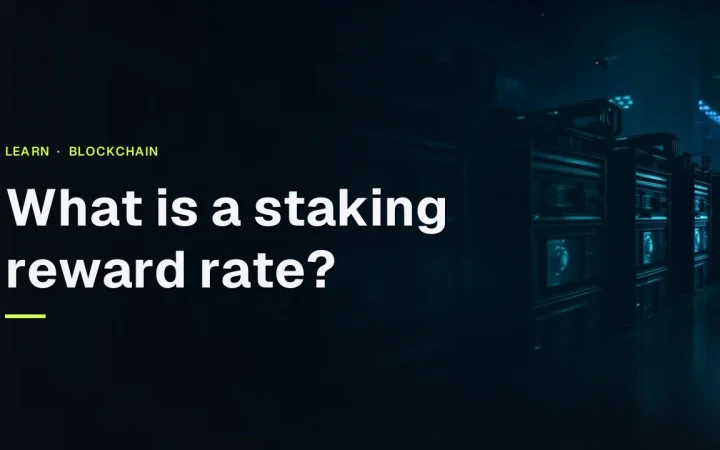 The title What is a staking reward rate appears over dark server racks with glowing cyan blue accents on a navy background.