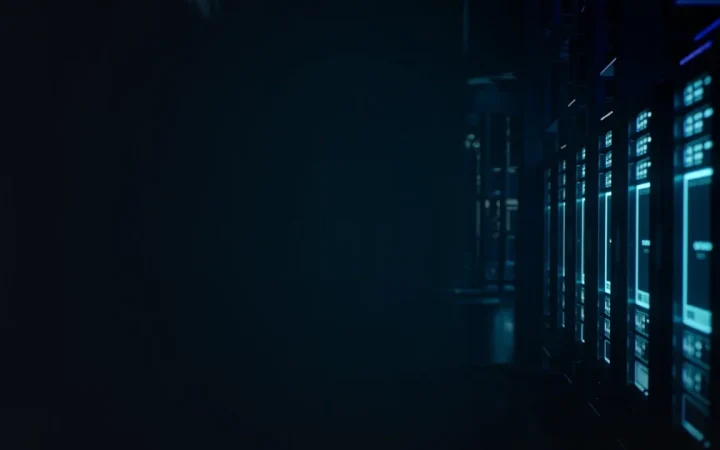 Dark server racks with glowing cyan blue accents on a navy background.