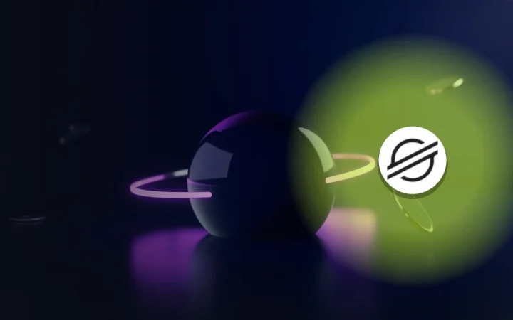 Het Stellar-logo boven een gloeiende violette glazen bol met ringen en blanco metalen schijven op een donkerblauwe achtergrond voor een Stellar-gids.