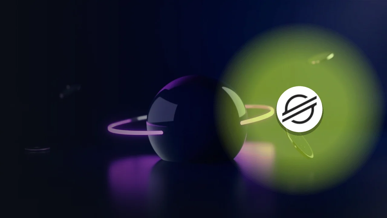 The Stellar logo over a glowing violet ringed glass sphere and blank metallic discs on a dark navy background for a Stellar guide.