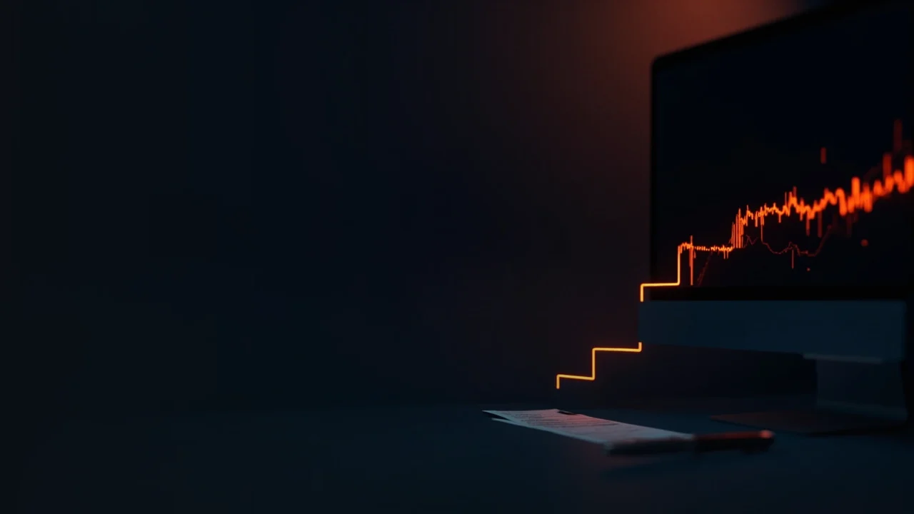 Un bureau sombre avec un écran affichant une ligne orange lumineuse qui progresse par paliers, un ticket d'ordre et un stylo.